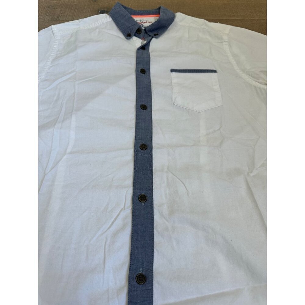 Mens White & Blue Slim Fit Short Sleeve Cotton Shirt With Contrast Collar & Pock - Picture 3 of 6